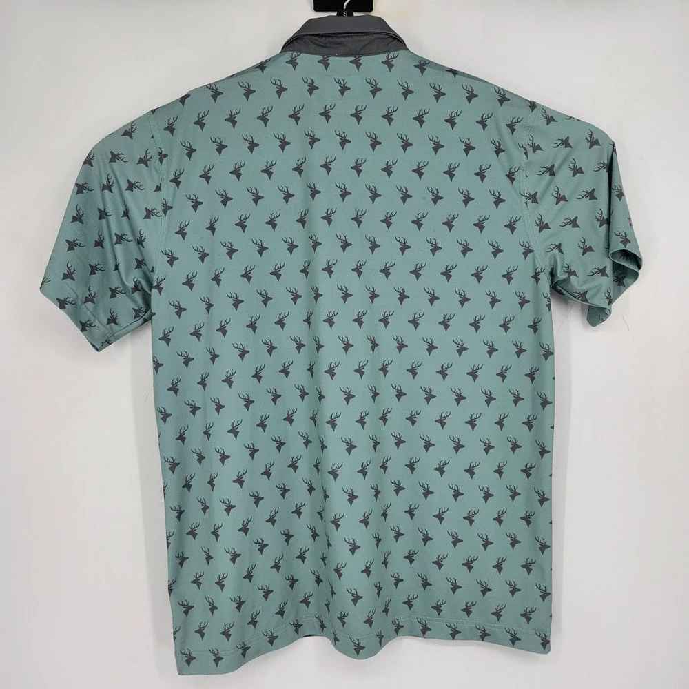 Waggle Polo Shirt Mens Extra Large Deer AOP Golf Performance Short Sleeve Green - Picture 4 of 12
